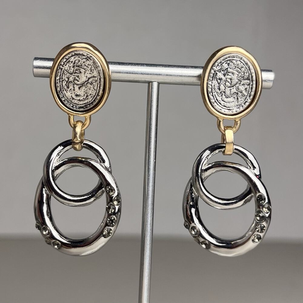 Mayan Aztec Coin Medallion Earrings Hoop Rhinestone Gold Silver Two Tone Tribal - Picture 4 of 9